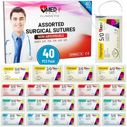 Vista 10 de Hilo de suturas de práctica con aguja, paquete de 24 unidades mixtas 2/0, 3/0, 4/0, kit de práctica de sutura de sutura de supervivencia de grado