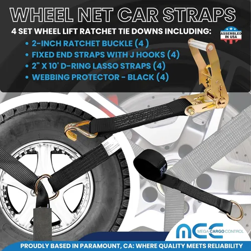 Vista 2 de Mega Cargo Control Juego de 4 correas de lazo de anillo D de elevación de rueda de 2 pulgadas x 10 pies con (4) trinquetes de 2 pulgadas, (4)