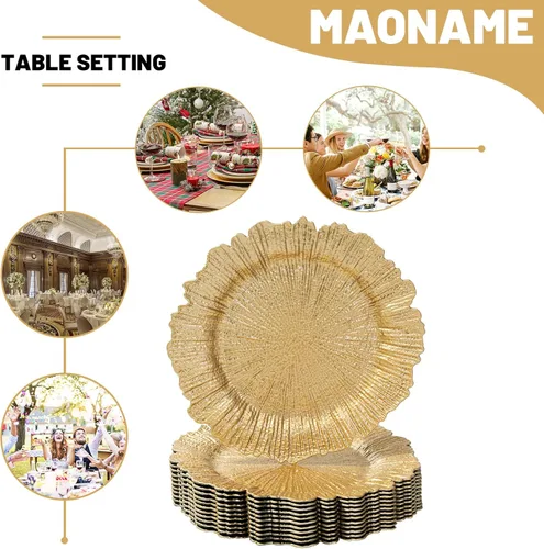 Vista 6 de MAONAME Juego de 12 platos de carga dorados, cargadores de platos de arrecife para plato de cena, cargadores de mesa redondos de plástico