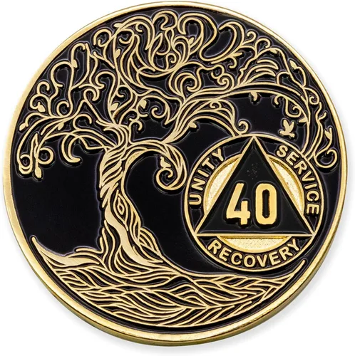 Vista 122 de 1 año Sobriety Mint Twisted Tree of Life Medallón de recuperación AA chapado en oro, chip/ficha - negro