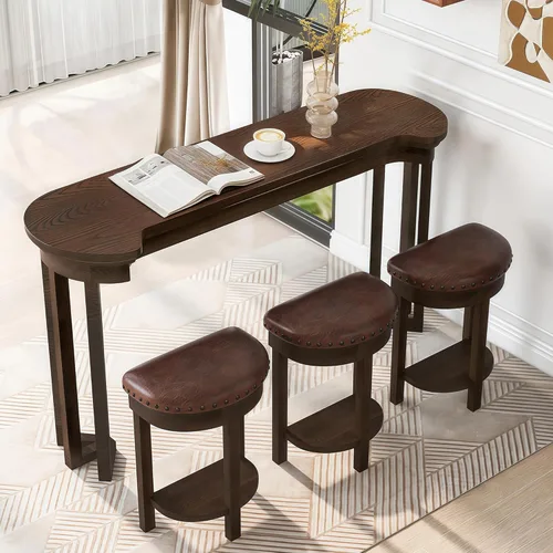 Vista 10 de LKTART Juego de mesa y sillas de bar, moderna mesa de sofá retro con taburetes, juego de mesa consola detrás del sofá, patas y separadores de madera