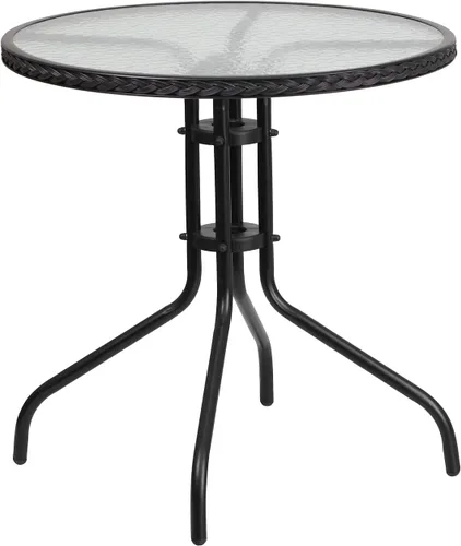 Flash Furniture Barker Mesa redonda de metal de vidrio templado de 28 pulgadas con bordes de ratán negro