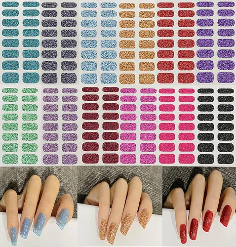 12 hojas de esmalte de uñas con purpurina, tiras de esmalte de uñas de color sólido, calcomanías de esmalte de uñas de envoltura completa