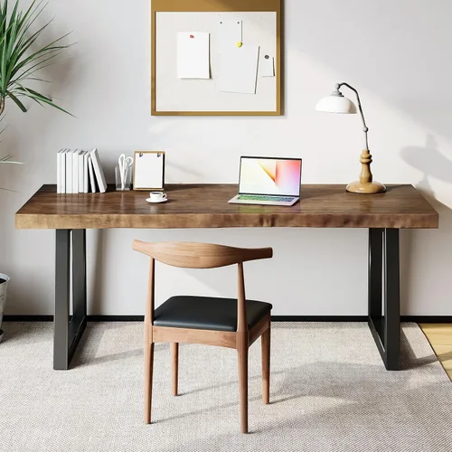 Vista 3 de Escritorio de madera maciza de 55 pulgadas, escritorio de computadora para oficina en casa, escritorio rústico de madera, escritorio de metal Marrón