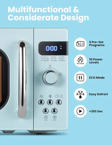 Vista 6 de COMFEE' - Horno microondas retro de tamaño compacto para encimera, base giratoria con memoria de posición, botón de encendido y apagado de sonido