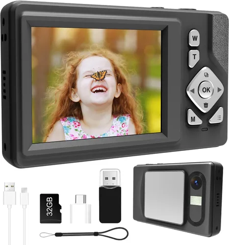 Cámara digital para niños, adolescentes y principiantes - 1080P FHD 48MP, LCD de 2.83 pulgadas, zoom digital 18X y antivibración, tarjeta SD de 32