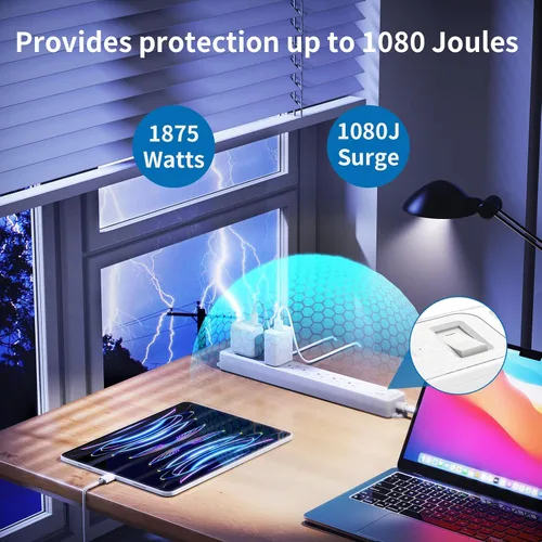 Vista 3 de NTONPOWER - Tira de alimentación con protector de sobretensiones, cable largo de enchufe plano, cable de extensión de 15 pies de largo, estación