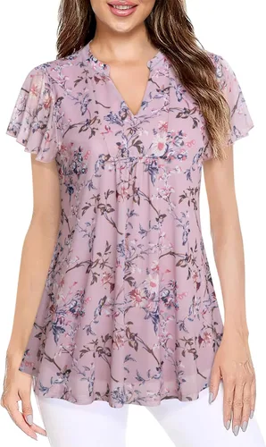 Vista 3 de Youtalia Blusa casual de manga corta para mujer, cuello en V, con muesca, estampado floral, blusas elegantes