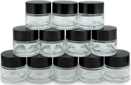 Vivaplex, 12, transparentes, 1 oz, tarros redondos de vidrio, con revestimientos interiores y tapas negras