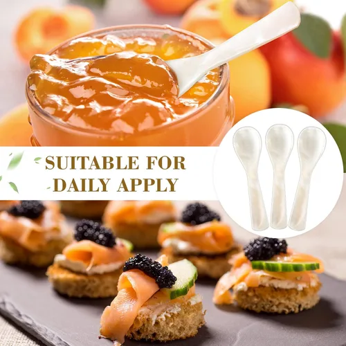 Vista 4 de Cucharas de Caviar de Nácar con Mango Redondo Hecho a Mano para Caviar, Huevo, Helado, Sal, Café, Juego de Servicio de Restaurante