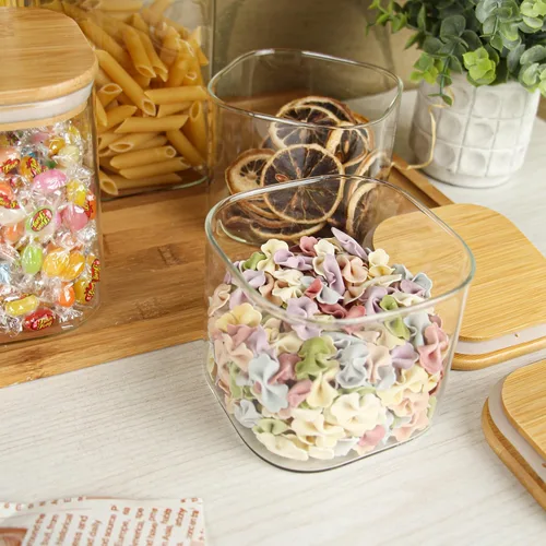 Vista 5 de Recipientes de almacenamiento de alimentos con tapas herméticas de bambú, juego de 6, recipiente de vidrio transparente con tapa de sellado