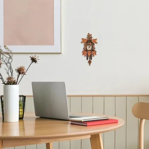 Vista 3 de HOMSFOU Reloj de pared con péndulo de madera con diseño de búho, reloj de timbre vintage, funciona con pilas, reloj colgante con alarma cronometrada