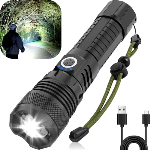 Victoper Linternas LED, alta potencia, 10000 lúmenes, linterna táctica súper brillante, recargable, 5 modos de zoom, luces de flash impermeables,