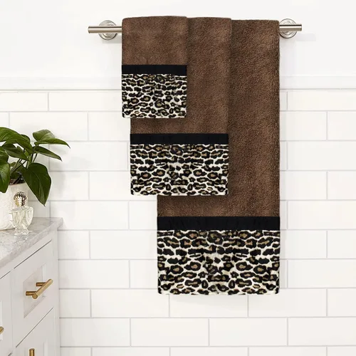 Vista 2 de Popular Bath Toallas de baño, colección Jezella, juego de 3 piezas, estampado animal, marrón, juego de toallas