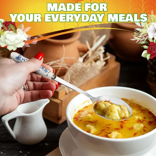 Vista 56 de Juego de 6 cucharas de café con mango de cerámica – Cucharas pequeñas de postre de 6.1" con diseño floral – Cuchara de acero inoxidable para té