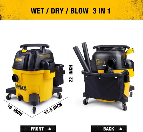 Vista 6 de DEWALT Aspiradora para Seco y Húmedo de 9 Galones, Aspiradora de Taller de Alta Capacidad con Accesorios, 5 HP Máximo, con Función de Soplador