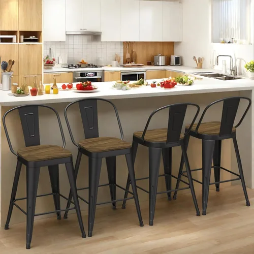 Vista 9 de Juego de 4 taburetes de bar de metal, taburetes de bar con respaldo alto con asiento de madera, taburetes de bar negros de 24 pulgadas para isla