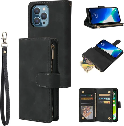 UEEBAI Funda tipo cartera para iPhone 13 Pro, Funda de cuero PU Cierre magnético Bolso con cremallera Estuche de bolsillo con cremallera Ranuras