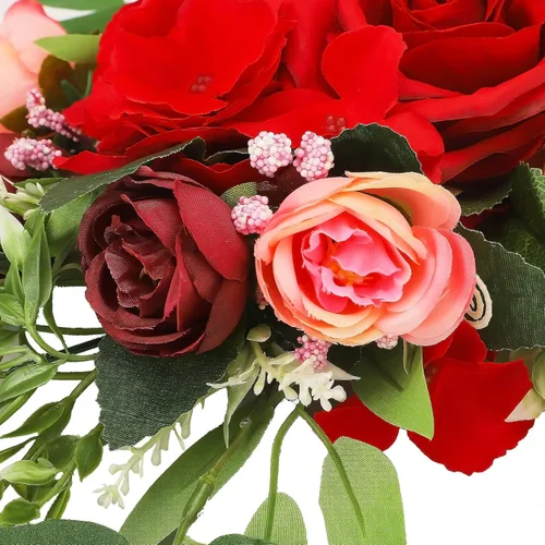 Vista 9 de Guirnalda de flores artificiales de peonía roja, guirnalda de arco de flores sintéticas de 25.6 pulgadas, dintel de puerta de simulación, hojas