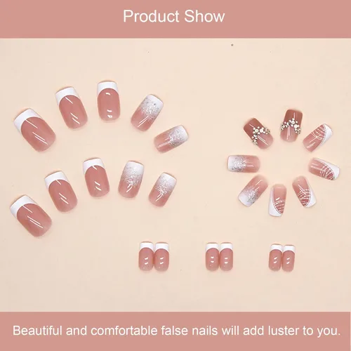 Vista 4 de 24 uñas postizas francesas a presión, uñas postizas con diamantes de imitación, línea blanca, uñas postizas cortas, borde blanco, regalos