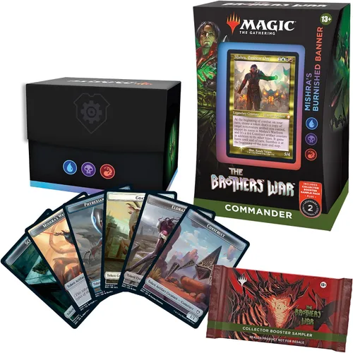 Vista 2 de Magic: The Gathering The Brothers' War Retro-Frame Commander Deck – Bandera bruñida de Mishra (azul-negro-rojo) + paquete de muestra de refuerzo