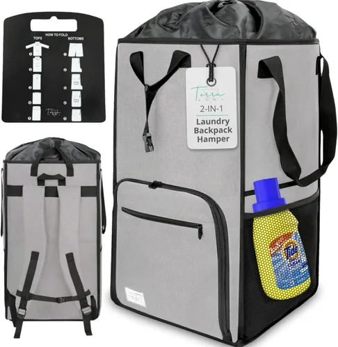 Vista 8 de Terra Home College Essentials - Mochila de lavandería de tamaño de viaje, portátil, duradera, plegable, bolsa de lavandería con bolsillos para Negro