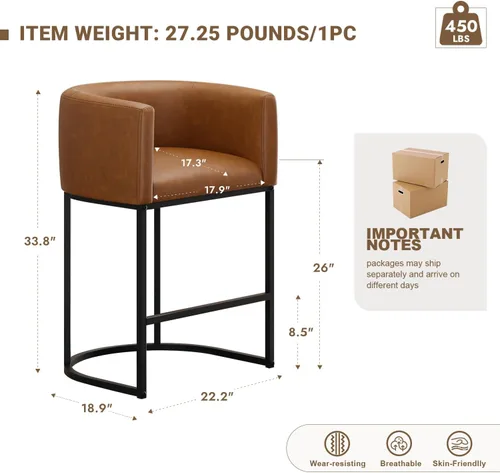 Vista 2 de Juego de 2 taburetes de bar de altura de mostrador de 26 pulgadas de alto, modernos taburetes de contador de barril con respaldo y brazos, taburetes