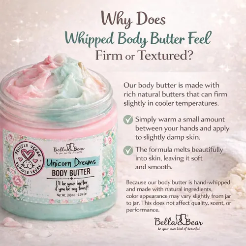 Vista 4 de Manteca Corporal Bella & Bear Sueños de Unicornio - Cuidado de la Piel Vegano, Libre de Crueldad, Crema de Mantequilla Nutritiva - Cuidado