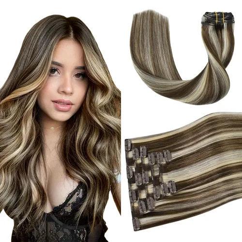 Vista 14 de Aison Extensiones de cabello con clip balayage de cabello humano real, extensiones de cabello ombre 100% de cabello humano para mujer, 12 pulgadas