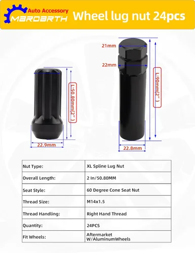 Vista 3 de Tuercas de rueda de 0.551 in x 1.5 7 Tuercas para Llantas de Carros para 6 lengüetas, asiento cónico abombado, extremo cerrado con 1 llave