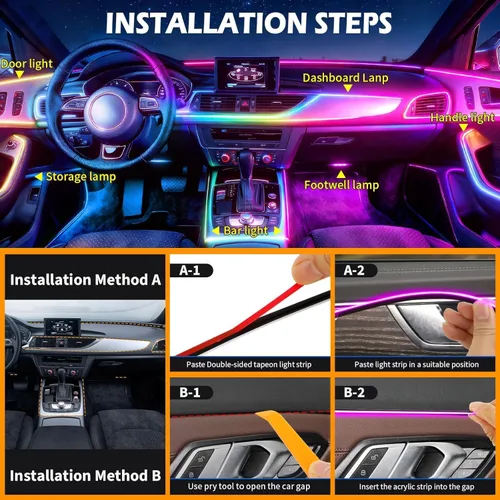 Vista 7 de Luces LED inteligentes para el interior del automóvil con puerto USB, tira LED acrílica de fibra óptica de iluminación ambiental, control