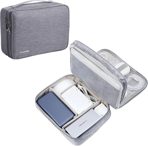 Vista 10 de LENTION Estuche organizador de electrónica premium con asa, bolsa grande de viaje con múltiples compartimentos para tableta, cargadores de MacBook