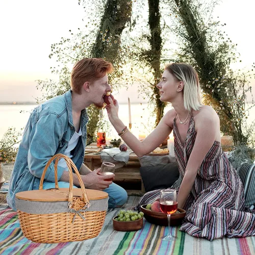 Vista 5 de Cesta de picnic de mimbre con forro, cesta de picnic de madera con tapa dividida, canasta de picnic de estilo vintage con asa tejida plegable