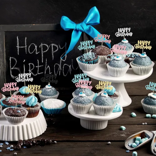 Vista 6 de Gyufise 24 piezas de decoración para pastel de cumpleaños con purpurina, adornos brillantes para pastel de cumpleaños, adornos de comida