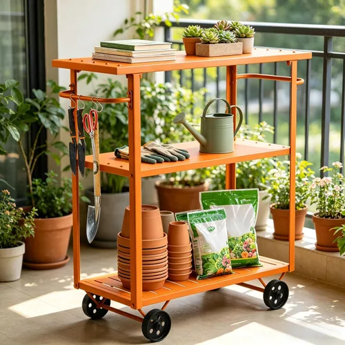 Vista 2 de LOKKHAN Orange 3-Tier Metal Rolling Beverage Bar Cart Waterproof Rustproof Serving Cart with Handle 39.37 x 15.74 x 41 in Indoor Use Outdoor