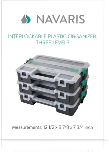 Vista 7 de Navaris Plastic Storage Box - Stackable Organizer Case with Adjustable and Removable Divider Compartment for Tools, Small Items, Jewelry - 3 Boxes