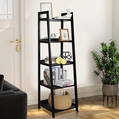 Vista 2 de Acehome Estantería de escalera de 5 niveles, estantería de gran capacidad con marco de acero y superficie de madera, para sala de estar, dormitorio