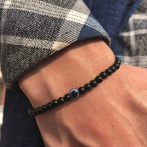 Vista 4 de Kit de pulsera elástica de ágata de piedra natural contra el mal de ojo con dijes ajustables para hombres, novio, para regalo, pulsera elástica