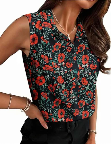 Vista 7 de HOTOUCH Blusa sin mangas con botones para mujer, cuello en V, casual, para negocios, informal, con cuello