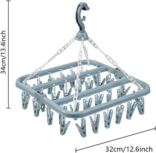 Vista 2 de Percha para secar ropa con 32 pinzas y estante plegable para colgar (Azul Claro)