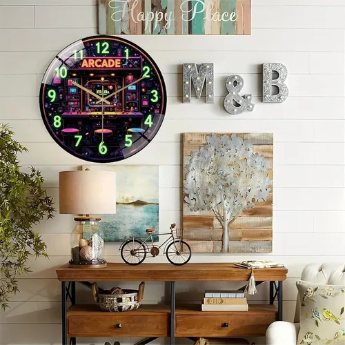 Vista 6 de Lancholy 12-Inch Silent Tempered Glass Wall Clock, Retro Mini Arcade Clock Neon Art(1) ” Silent Non-Ticking Clock, Battery Operated