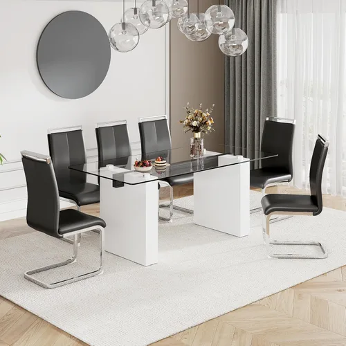 Vista 6 de Juego de mesa de comedor de vidrio de 71 pulgadas para 6, mesa de comedor para 6, mesa de vidrio templado con marco de MDF blanco y 6 sillas
