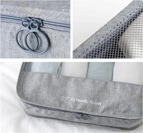Vista 4 de 7pcs Bolsa de almacenamiento de lona Cubo de embalaje Bolsas de almacenamiento de equipaje de viaje Organizador Set (gris)