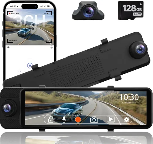 Vista 11 de Cámara de espejo retrovisor 4K, cámara de tablero de espejo de 10 pulgadas delantera y trasera con tarjeta de 64 GB, cámara de tablero de pantalla