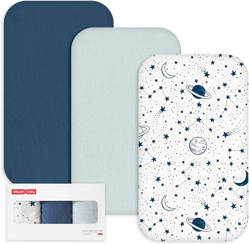 Vista 27 de Gllquen Baby Sábanas de Muselina para Moisés Paquete de 3, Sábanas Ajustadas de Algodón Transpirables Elásticas y Acogedoras para Colchón de Moisés