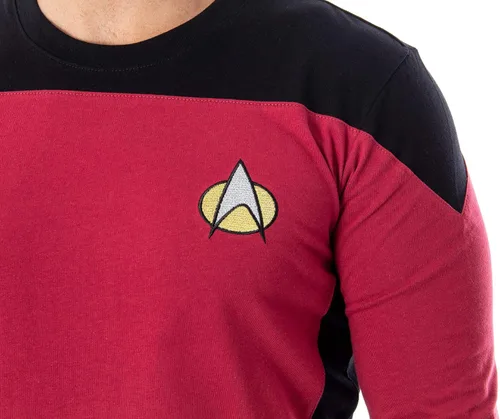 Vista 2 de Star Trek Next Generation - Disfraz de uniforme de Picard para hombre, camiseta de manga larga con logotipo bordado, Rojo