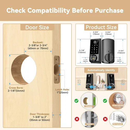 Vista 7 de IRONZON Cerradura de puerta inteligente, cerrojo 5 en 1 con teclado para puerta delantera, cerradura de puerta de entrada sin llave con control