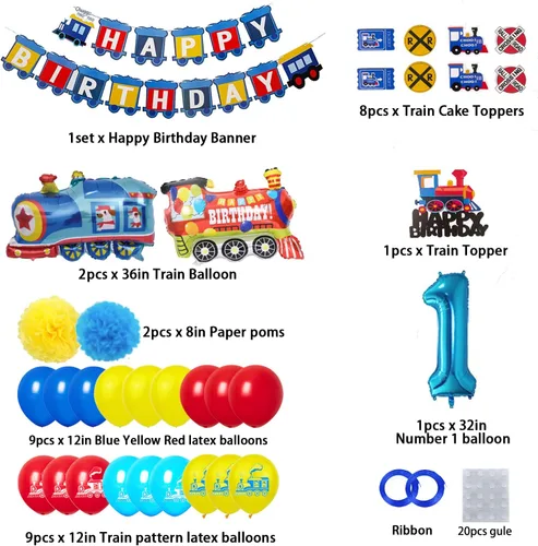 Vista 2 de Tren - Decoraciones de primer cumpleaños para niños, suministros de fiesta de cumpleaños de 1 año con globos de aluminio número 1, globos de látex