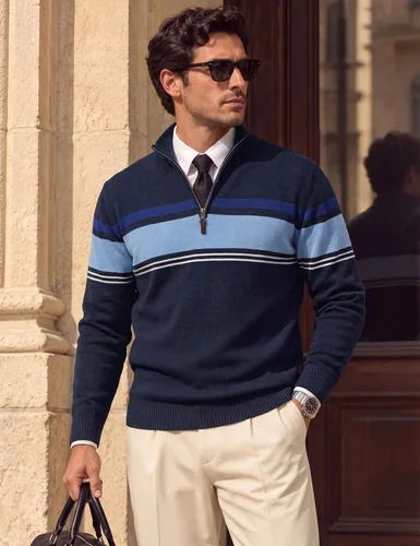 Vista 3 de MAGCOMSEN Suéteres de algodón con cremallera de 1/4 para hombre, suéter tipo polo, a rayas, para otoño e invierno, sudaderas cálidas Negro