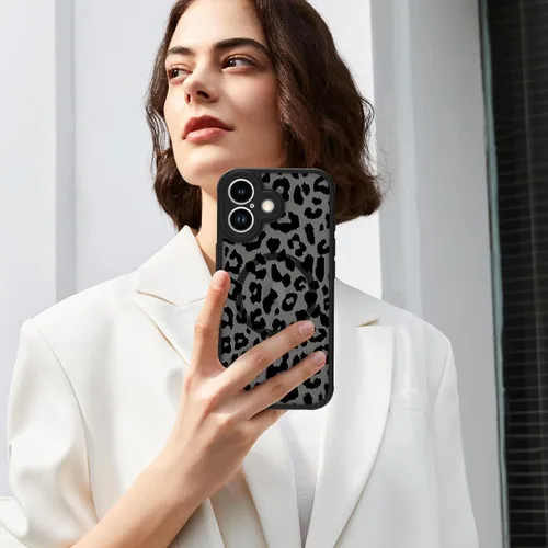 Vista 6 de Funda magnética para iPhone 17 [compatible con MagSafe], bonita funda de moda con estampado de leopardo negro, translúcida, mate, parte trasera